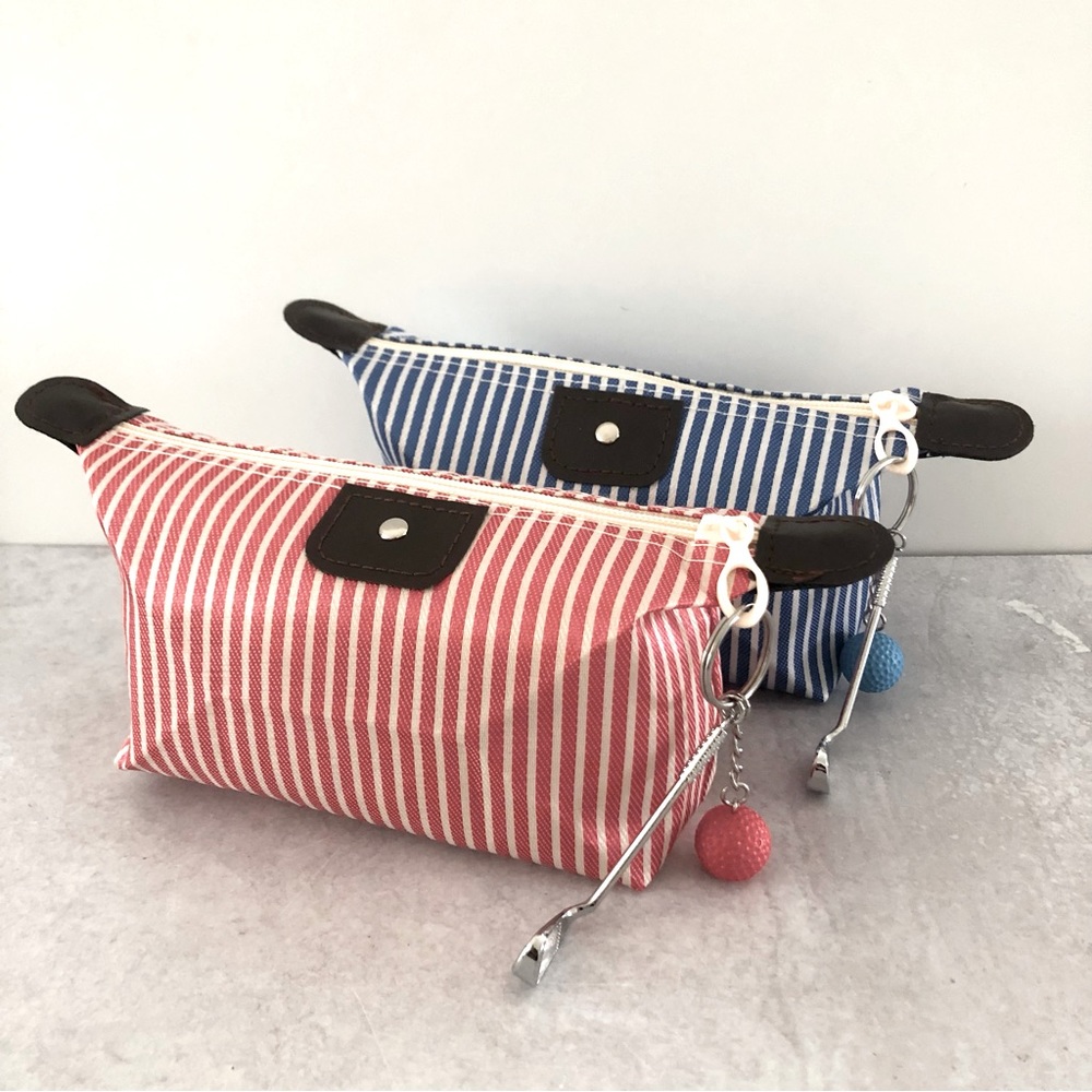 🌼 Striped Zip Top Pouch with Silver Club & Ball Keychain Ladies Golf Tee Gift